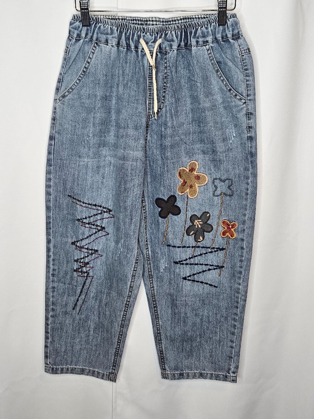 Aitailan Floral Embroidered Drop-Crotch Harem Jeans Boho - Size Large